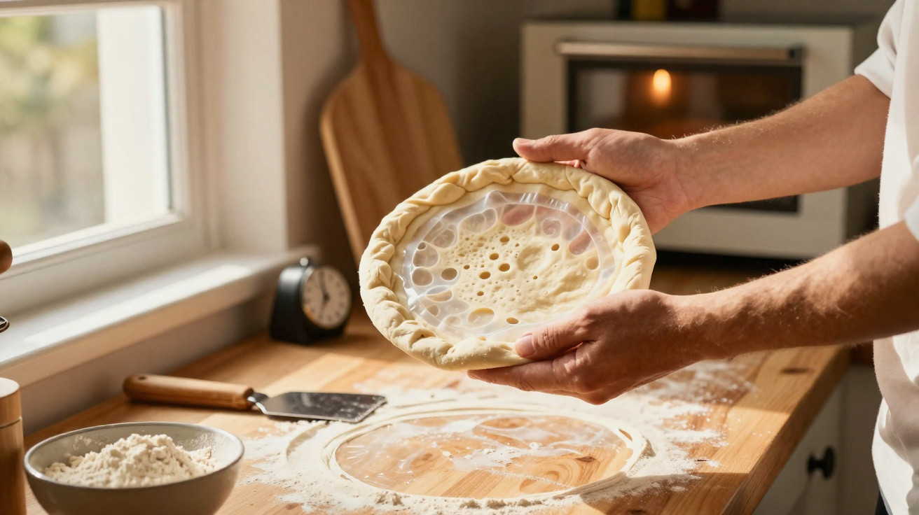 Pessoa a segurar uma tarteira com massa de pastelaria fermentada numa cozinha iluminada.