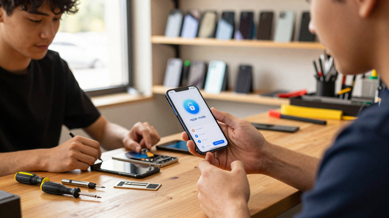 Duas pessoas com telemóveis em mesa de madeira, uma a reparar e outra a usar app de segurança móvel.
