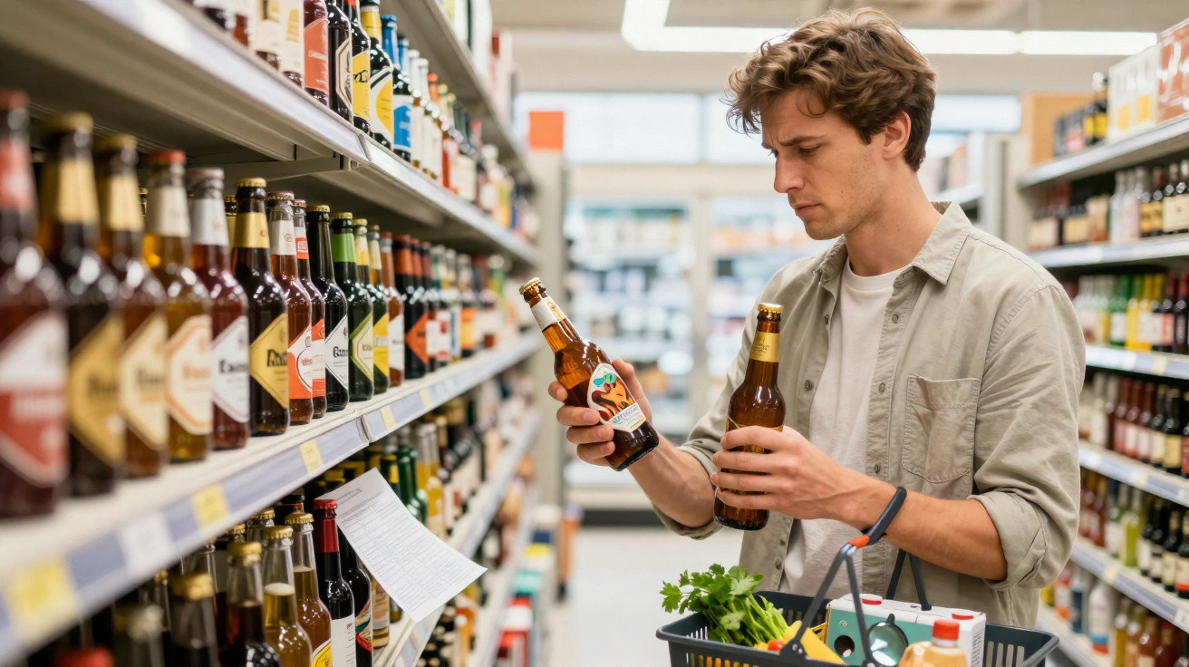 Homem a comparar rótulos de duas garrafas de cerveja num supermercado, com um cesto de compras na mão.