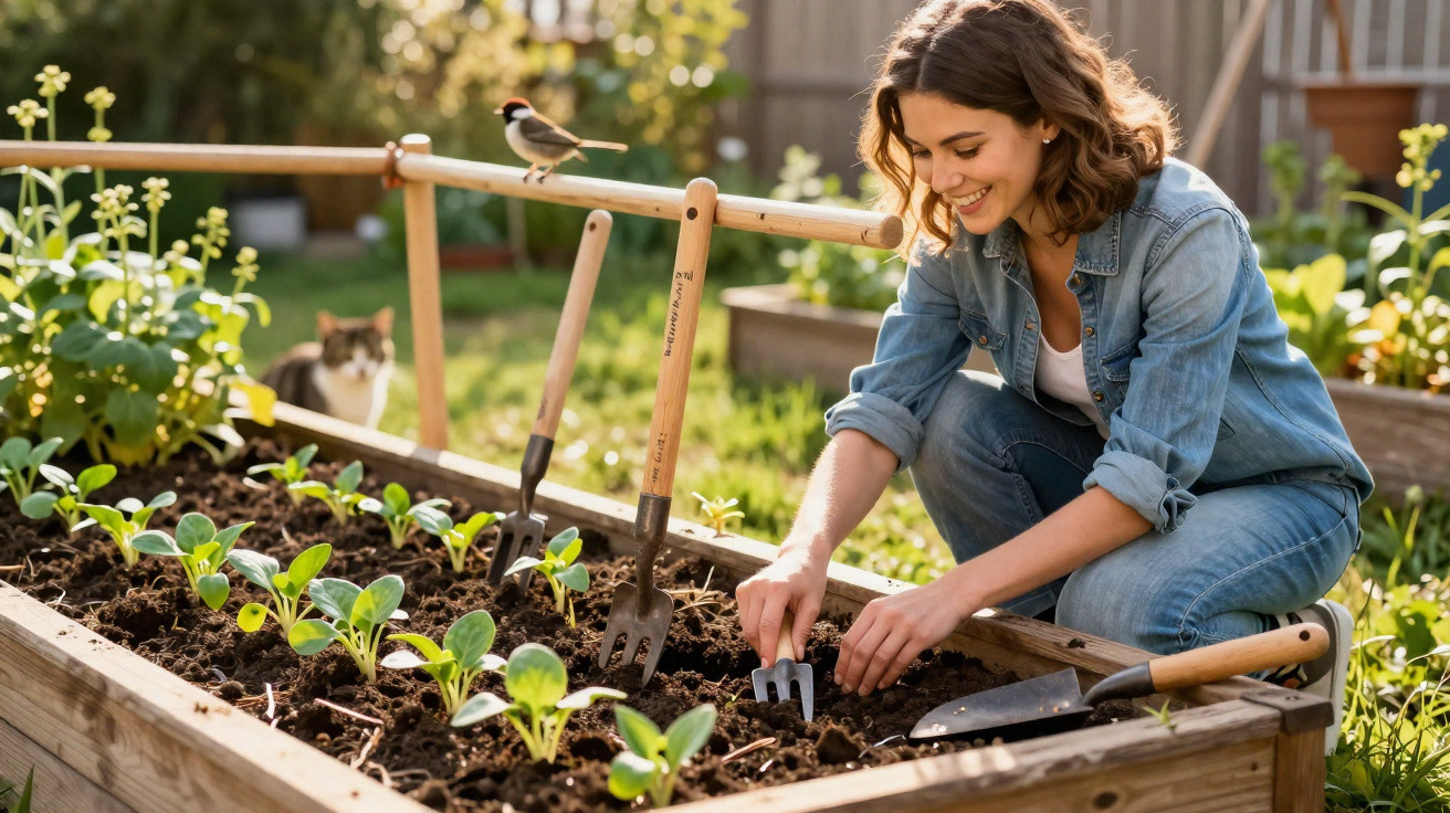 Mulher sorridente a cuidar de plantas num canteiro elevado com ferramentas de jardinagem ao lado.