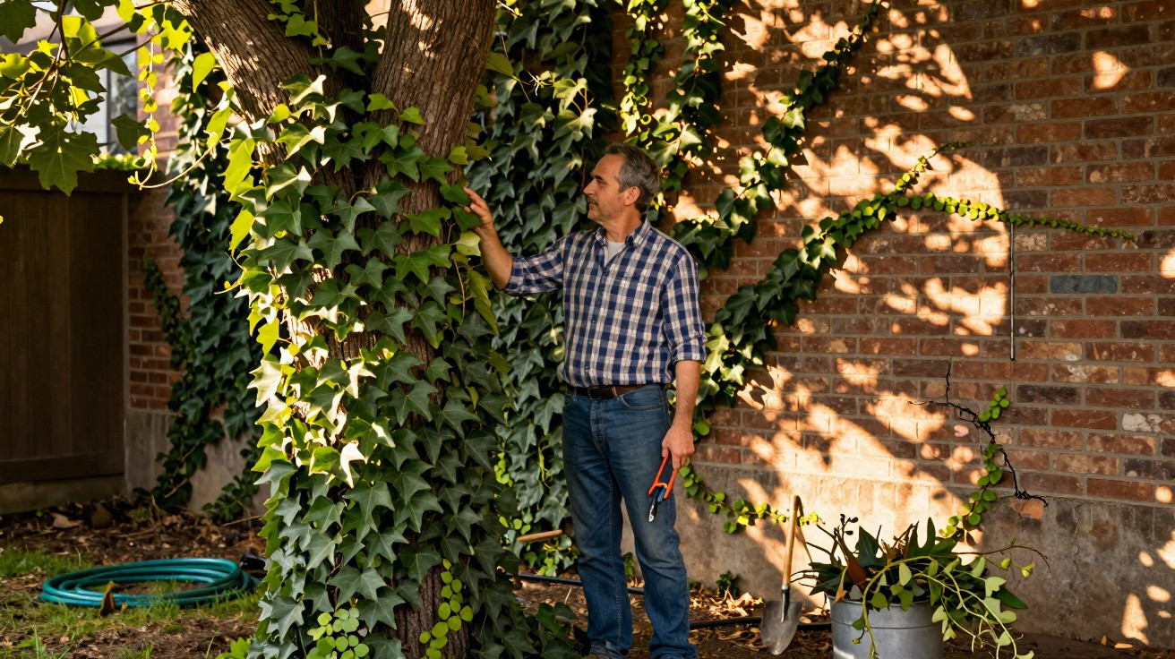 Homem a podar hera em árvore junto a muro de tijolos com ferramentas de jardinagem.
