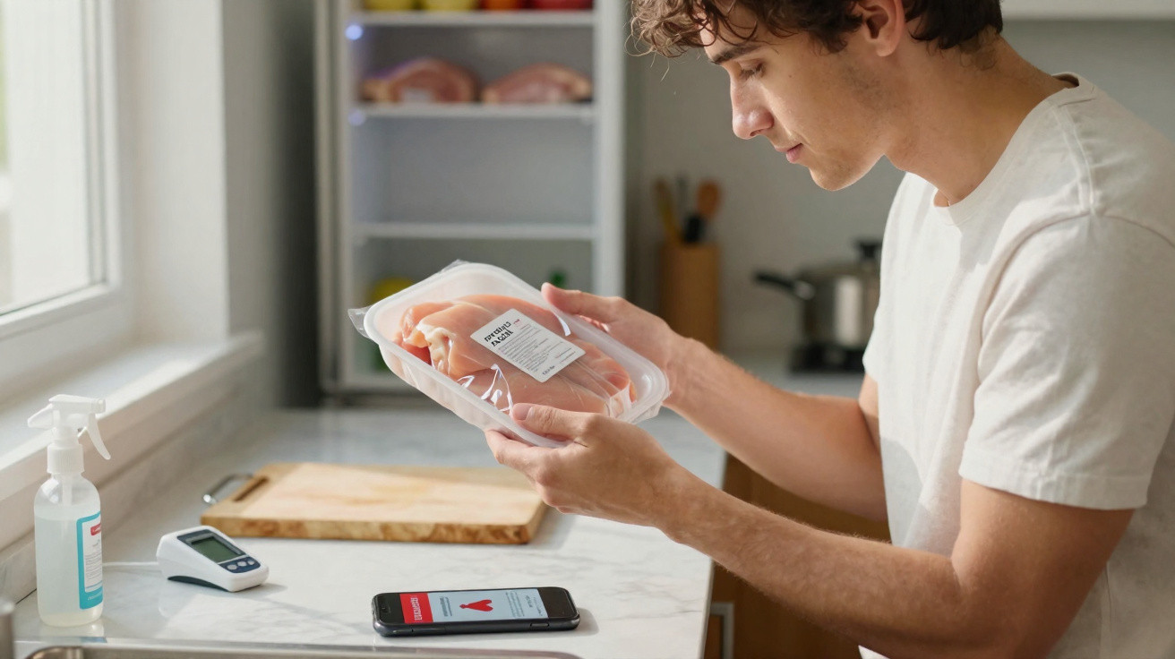 Jovem verifica validade do frango embalado na cozinha com smartphone e termómetro na bancada.