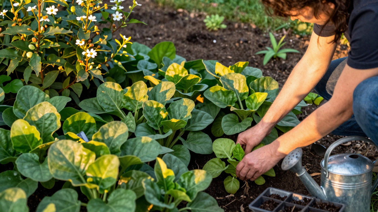 Pessoa a cuidar de plantas com folhas verdes num jardim, com regador metálico ao lado.