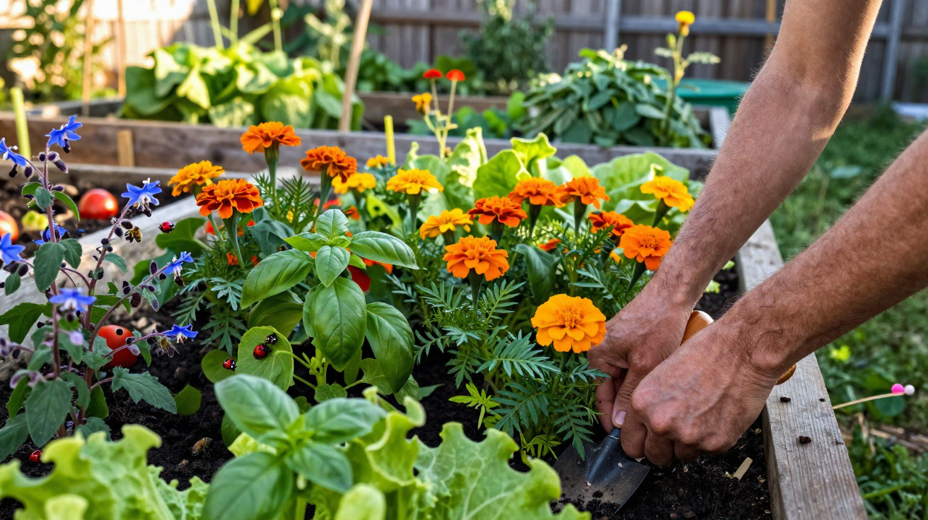 Mãos a cuidar de flores laranjas num jardim elevado com outras plantas verdes em ambiente exterior.