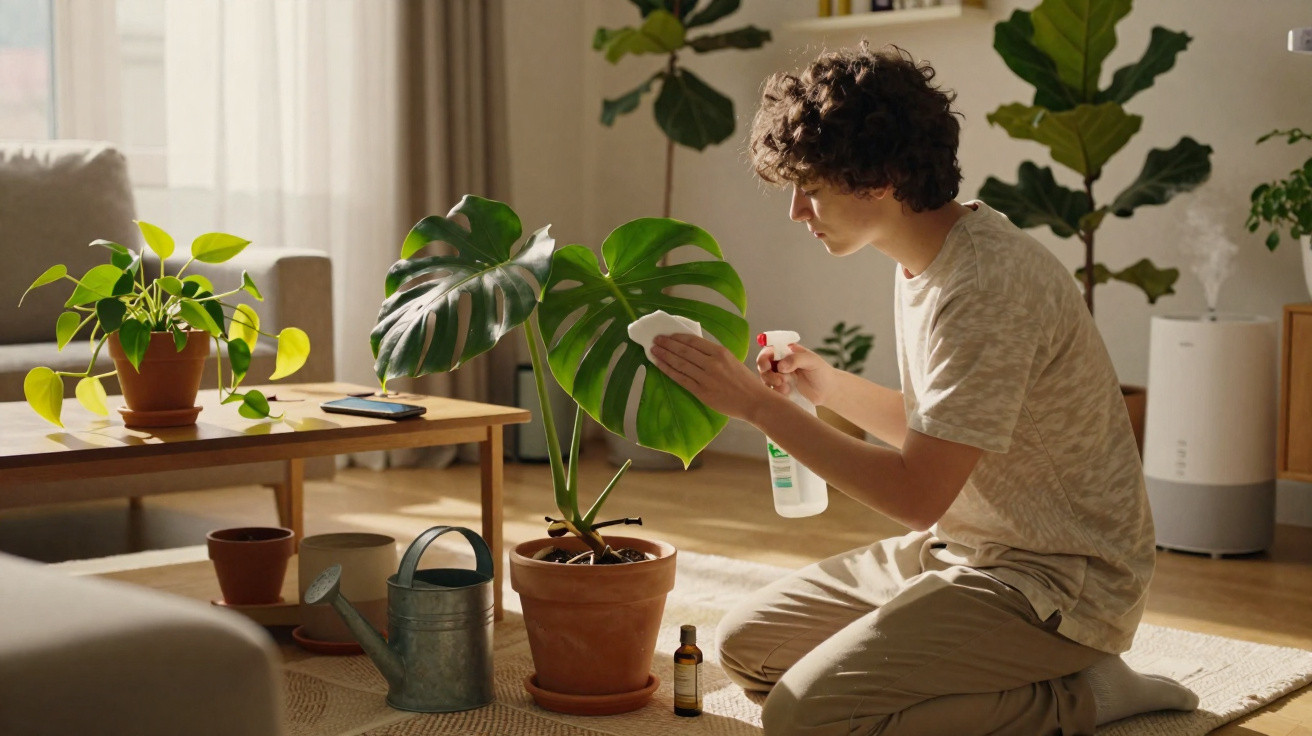 Pessoa a limpar e cuidar de planta verde em vaso numa sala iluminada e confortável.