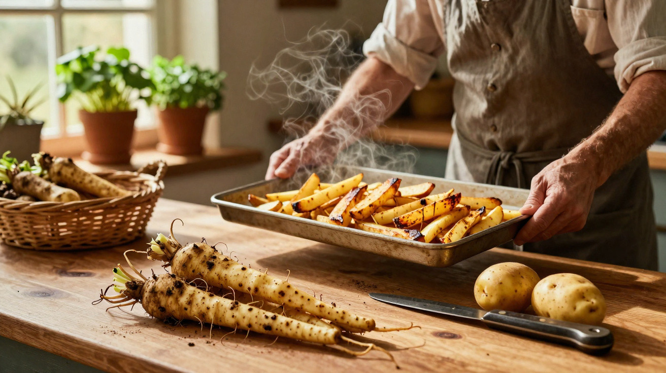 Pessoa a tirar batatas assadas do forno numa cozinha rústica, com batatas crus e raízes na bancada de madeira.