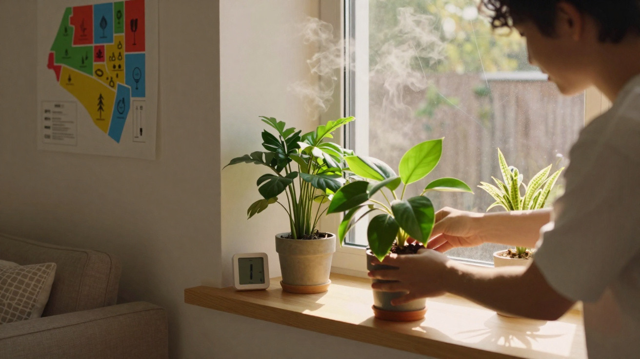 Pessoa a cuidar de plantas numa janela com luz natural e um sofá ao lado.