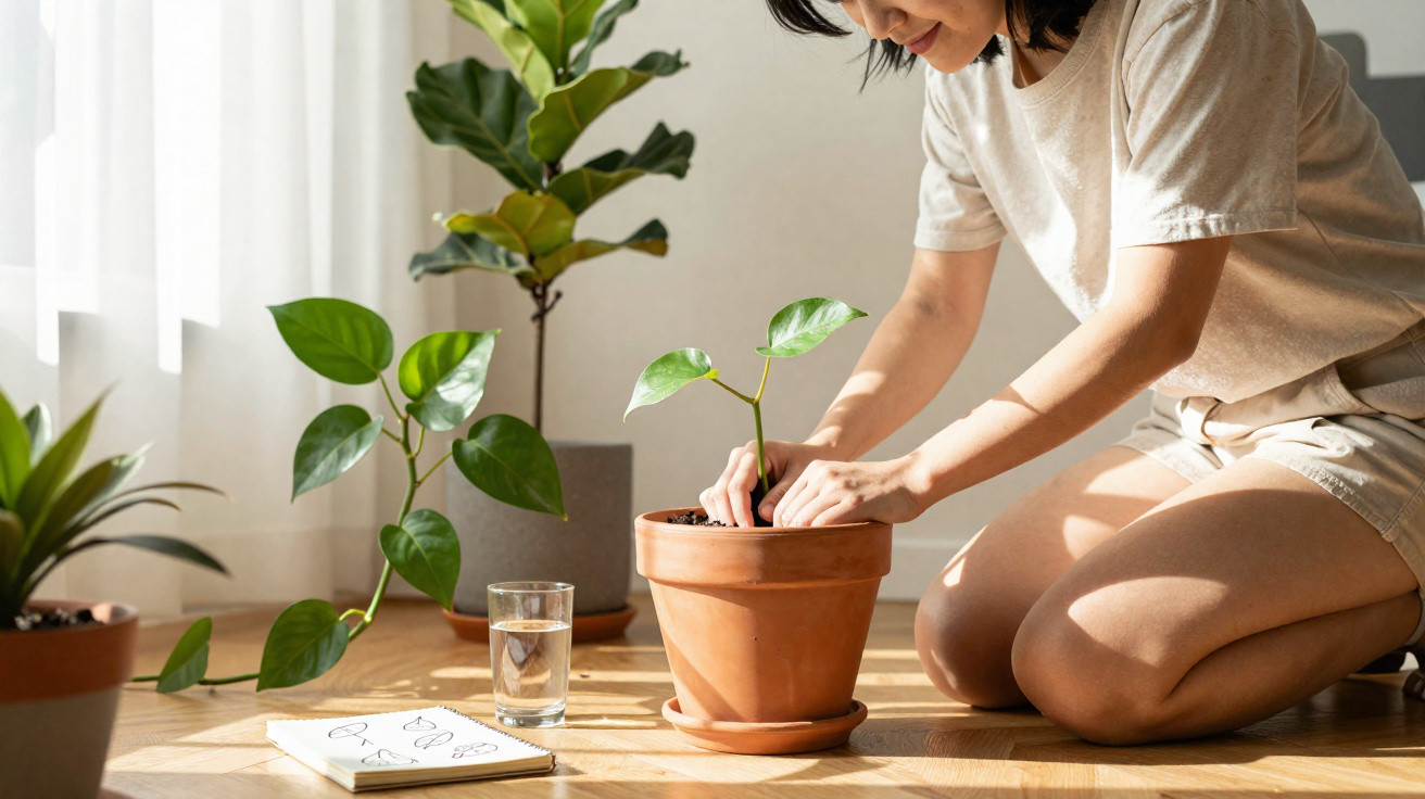Mulher a cuidar de planta em vaso de barro, rodeada por outras plantas em ambiente iluminado por luz natural