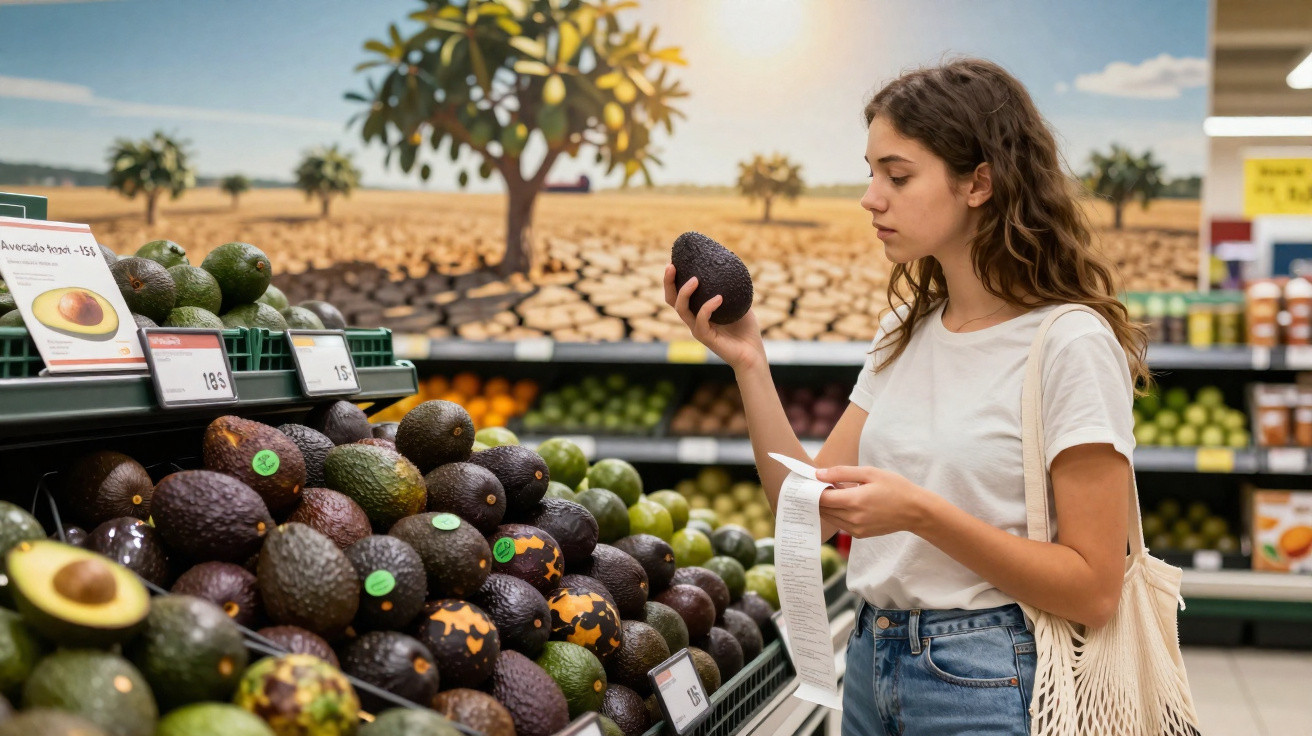 Mulher a segurar um abacate e consultar uma lista enquanto escolhe frutas no supermercado.