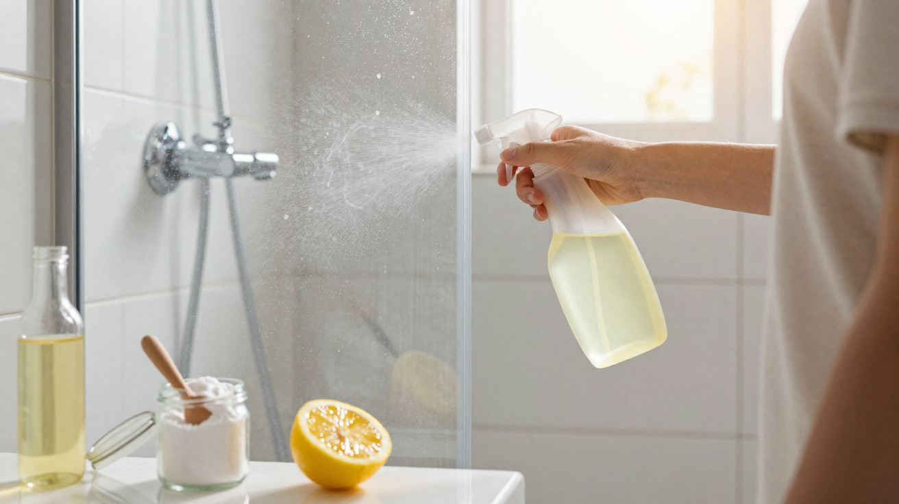 Pessoa a pulverizar solução de limpeza caseira numa divisória transparente de chuveiro no banheiro.