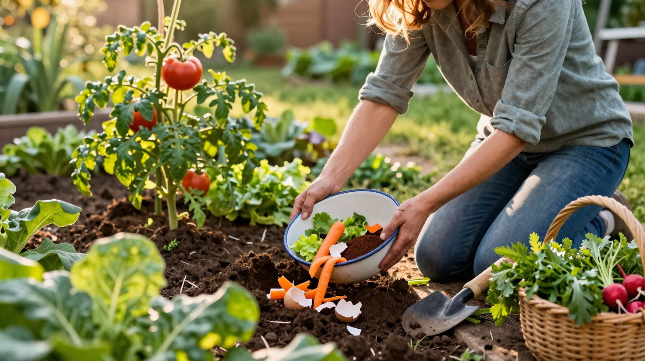 Mulher a compostar restos vegetais numa horta com tomateiros, alfaces e cenouras.