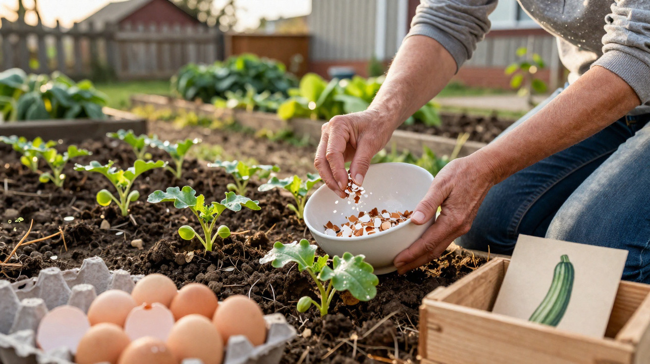 Pessoa a usar cascas de ovo como fertilizante numa horta caseira com plantas jovens.
