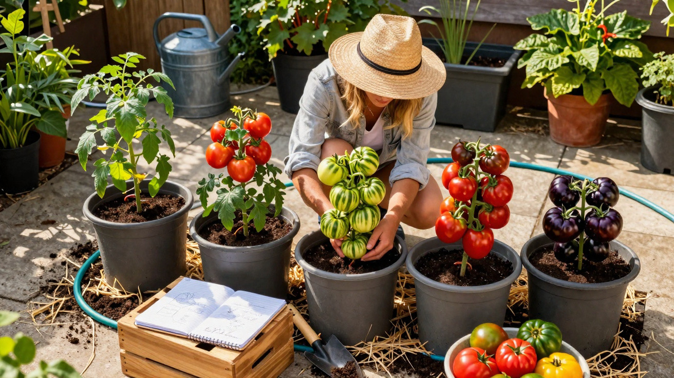 Mulher a cuidar de tomateiros em vasos no jardim com várias plantas e vasos à volta.