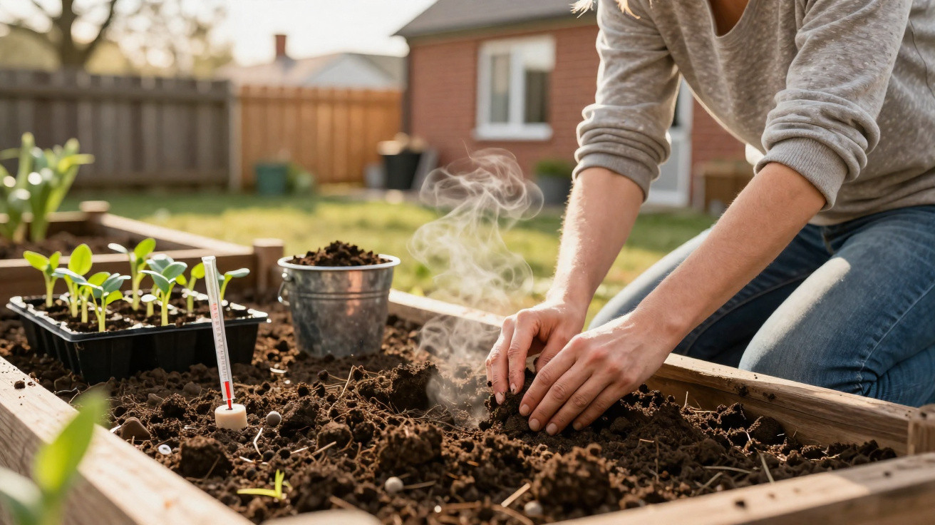 Mãos a preparar terra vaporizante para plantar numa horta elevada com mudas e termómetro visíveis.