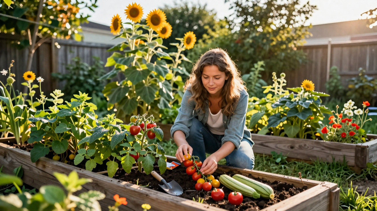 Mulher a colher tomates num jardim com canteiros e girassóis ao entardecer.