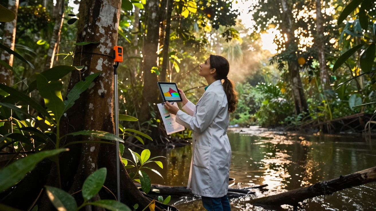 Cientista com bata branca analisa dados num tablet junto a um rio numa floresta densa ao amanhecer.