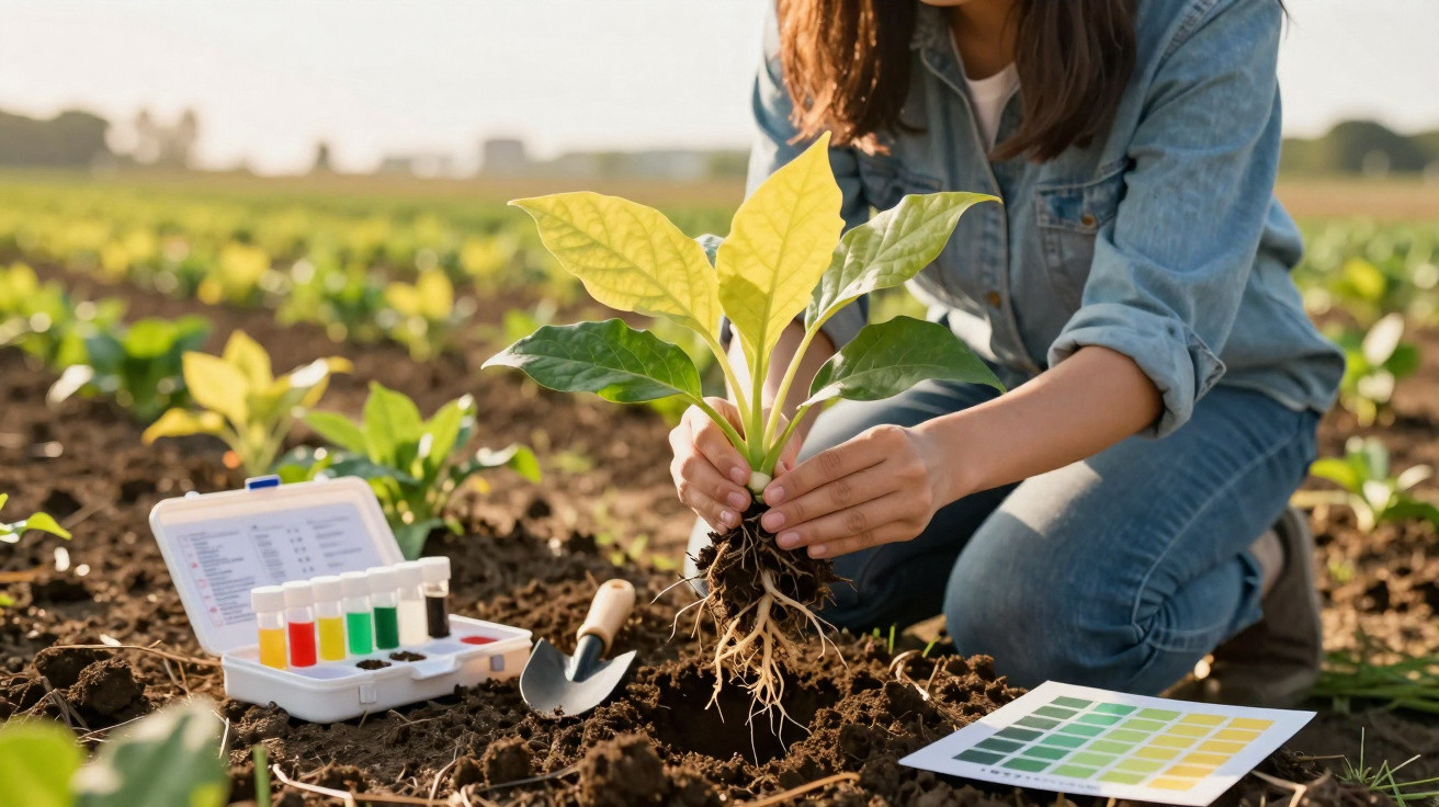 Pessoa a examinar planta com folhas amarelas num campo, com kit de testes e carta de cores junto ao solo.