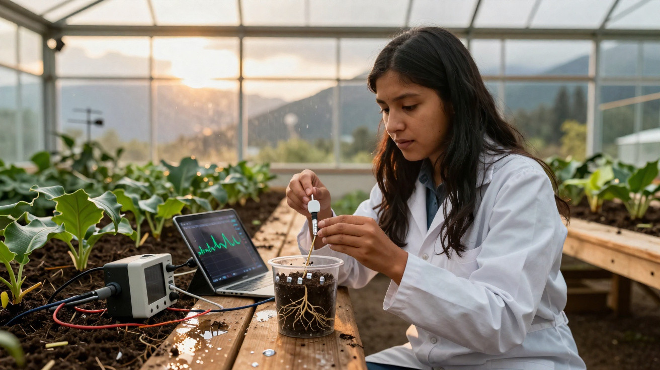 Mulher jovem em bata branca analisa amostra de solo com equipamento num estufa, plantas e monitor ao fundo.