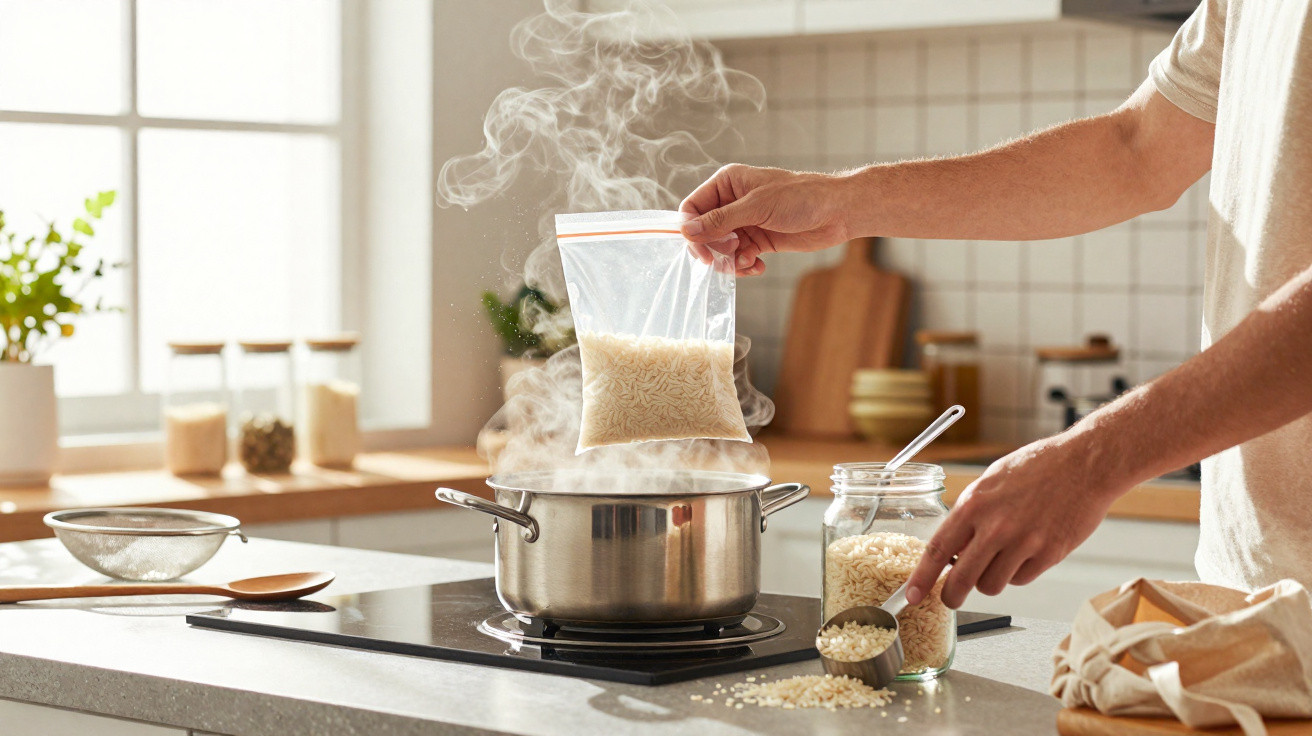 Pessoa a cozinhar arroz num tacho com vapor a sair numa cozinha moderna e iluminada.