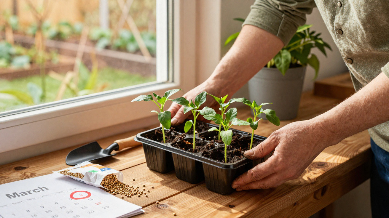 Mãos a cuidar de mudas verdes num tabuleiro, ao lado de um calendário aberto no mês de março e sementes.