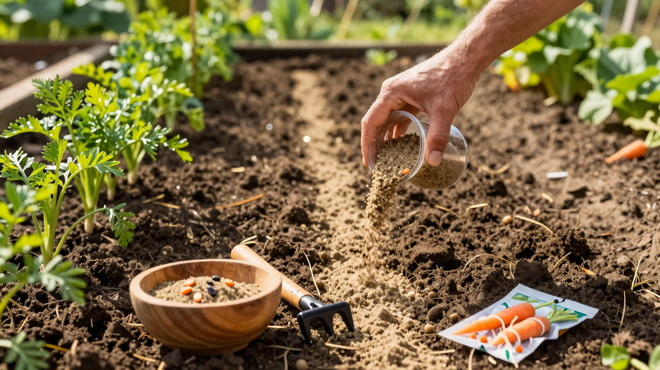 Mão a semear sementes num canteiro de terra, com ferramentas de jardinagem e saco de sementes de cenoura.