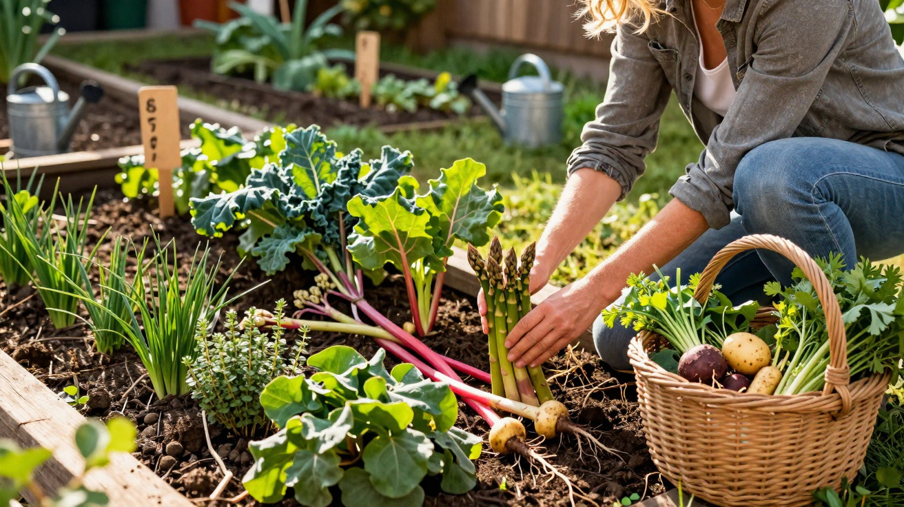 Pessoa colhendo espargos frescos numa horta caseira com várias plantas e cesta de legumes ao lado.