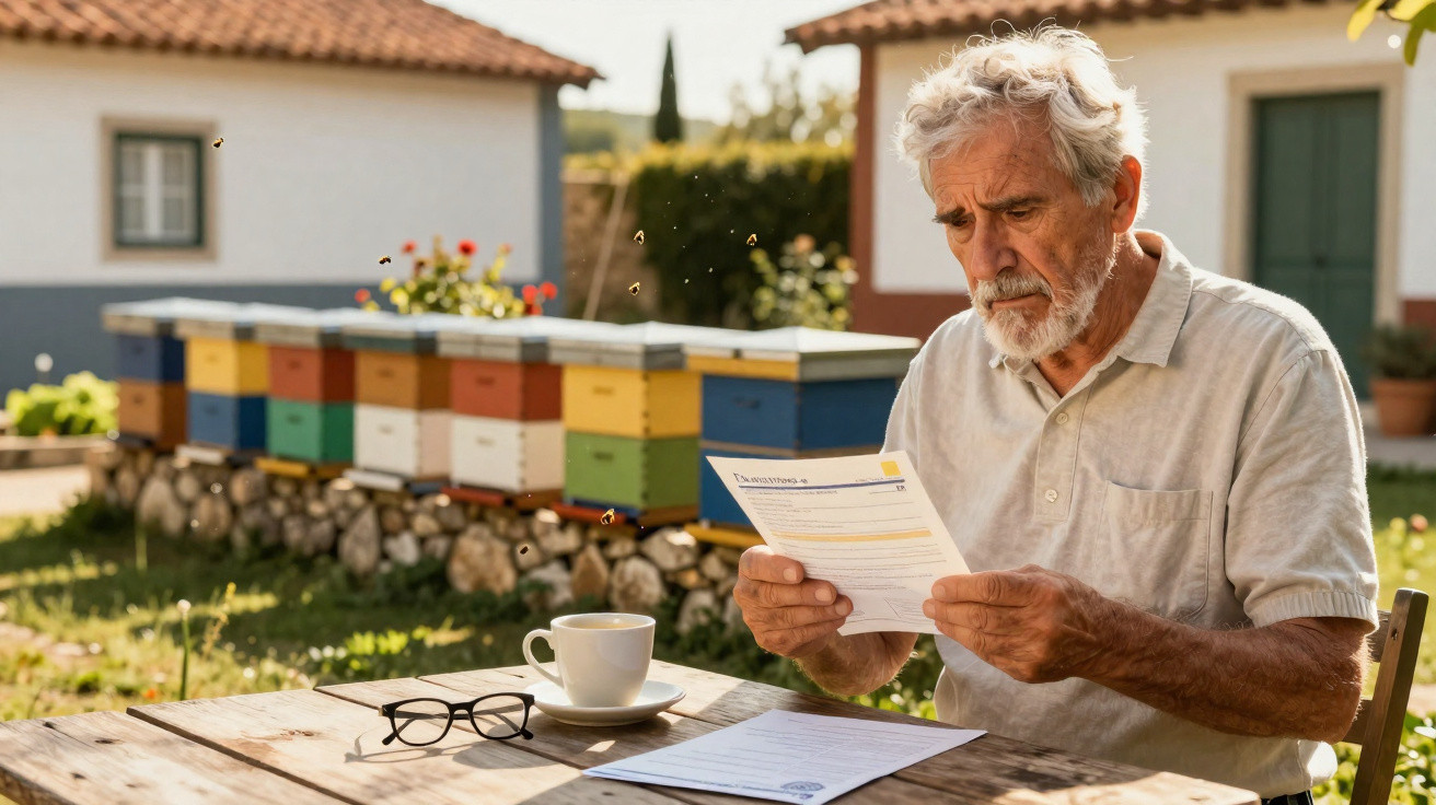 Homem idoso a ler um documento sentado numa mesa numa quinta com colmeias atrás.