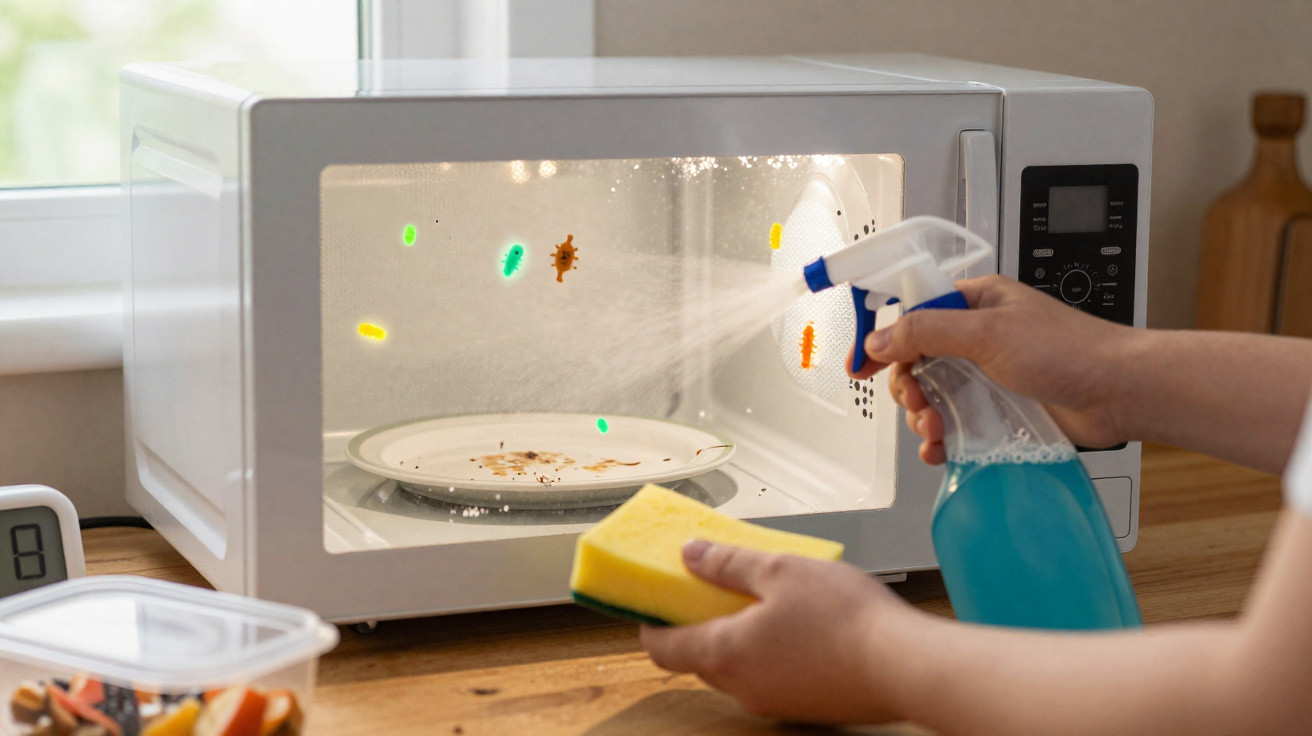 Mão a limpar micro-ondas sujo com placas coloridas representando bactérias, spray e esponja à frente.