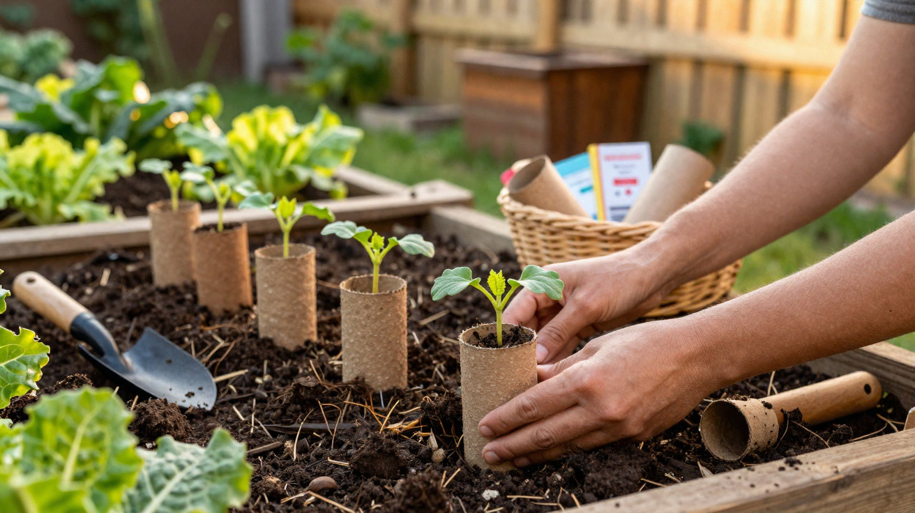 Mãos a plantar pequenas mudas em papel reciclado num canteiro de jardim com terra escura.