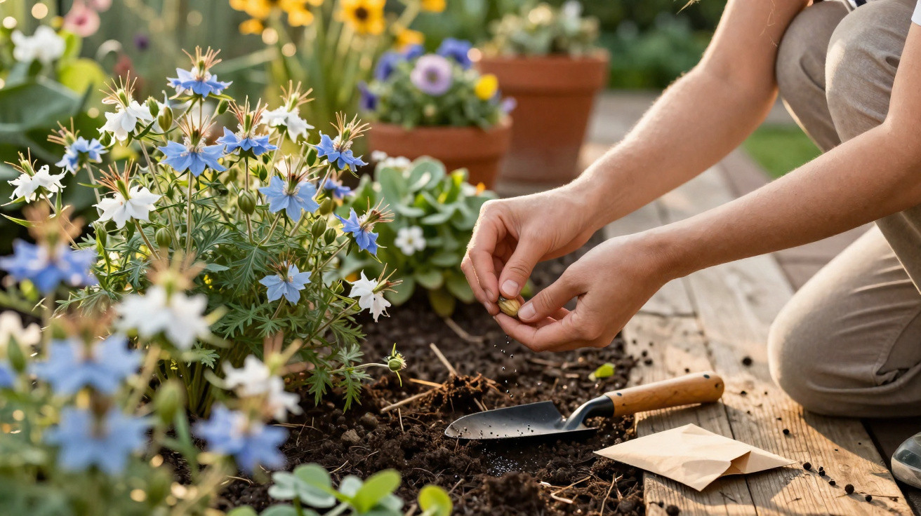 Pessoa a semear sementes em horta junto a flores azuis e ferramenta de jardinagem numa superfície de madeira.