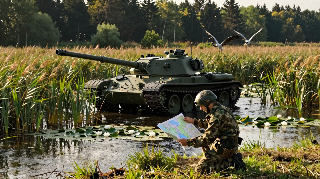 Soldado em uniforme camuflado consulta mapa à beira de charco com tanque e garça ao fundo.