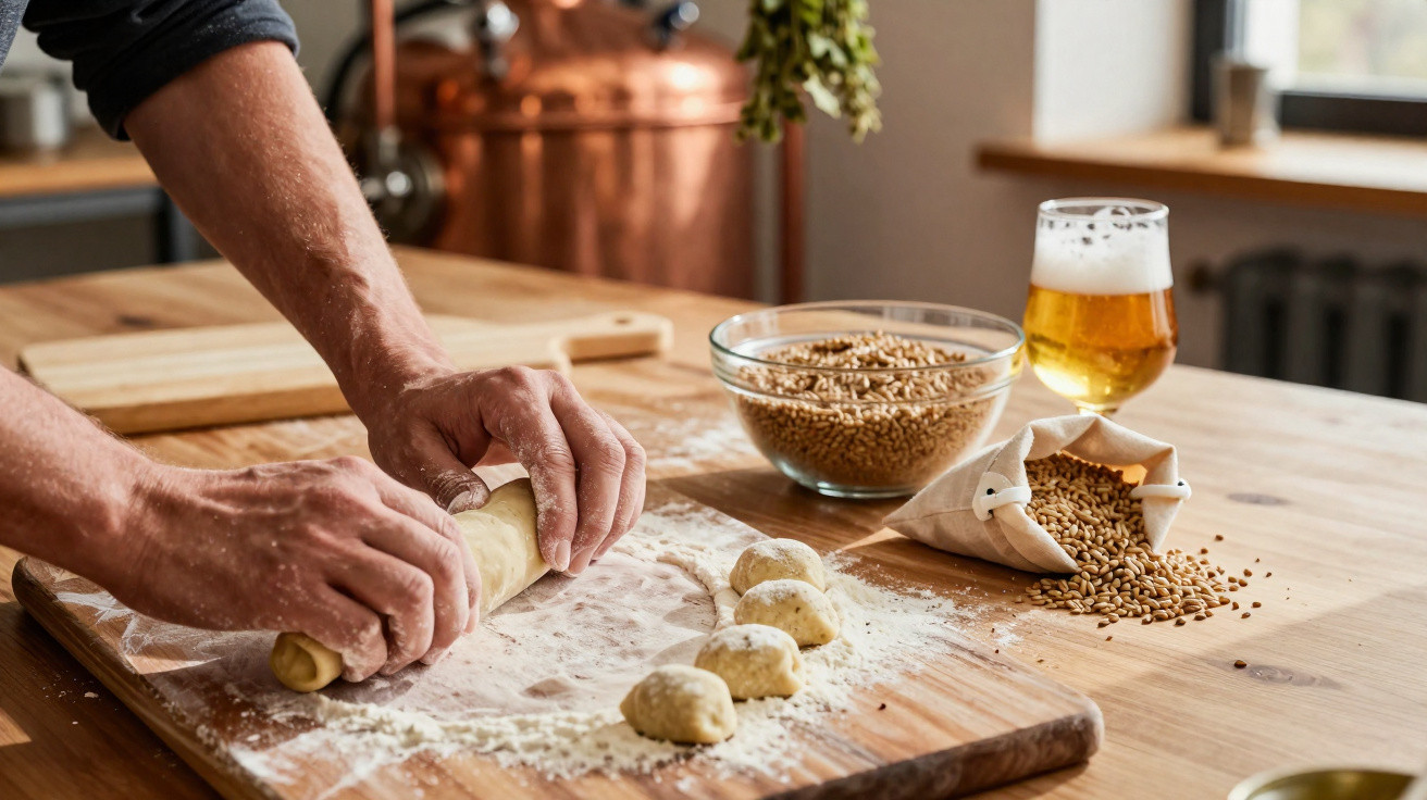 Mãos a preparar massa amassando pedaços numa tábua de madeira com grãos e uma caneca de cerveja ao fundo.