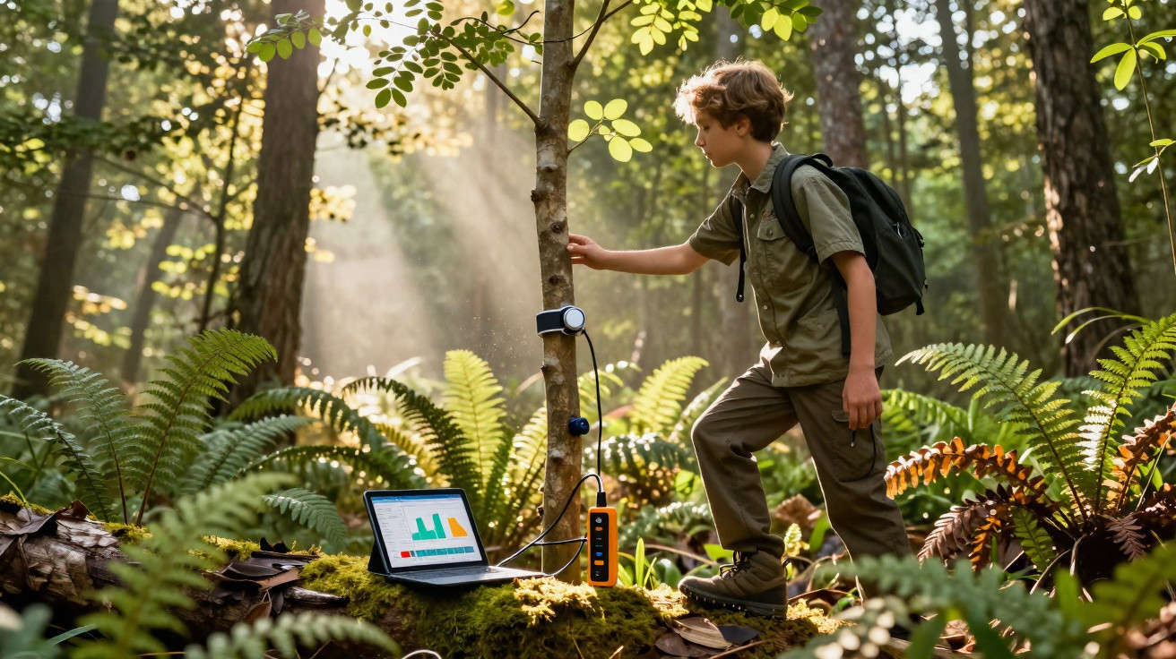 Criança com mochila a fazer medições ambientais numa floresta com equipamento eletrónico ligado a computador portátil.
