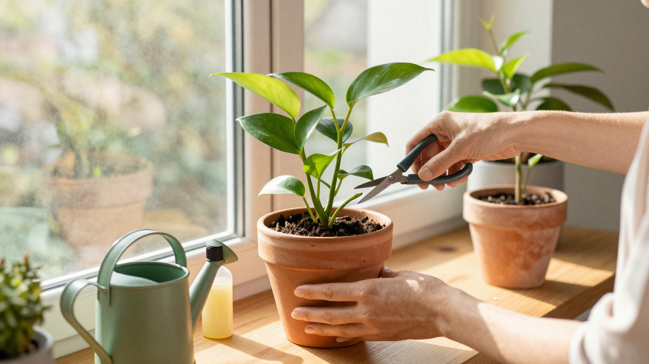 Pessoa a podar planta em vaso de barro junto a janela com regador verde e outra planta ao fundo.