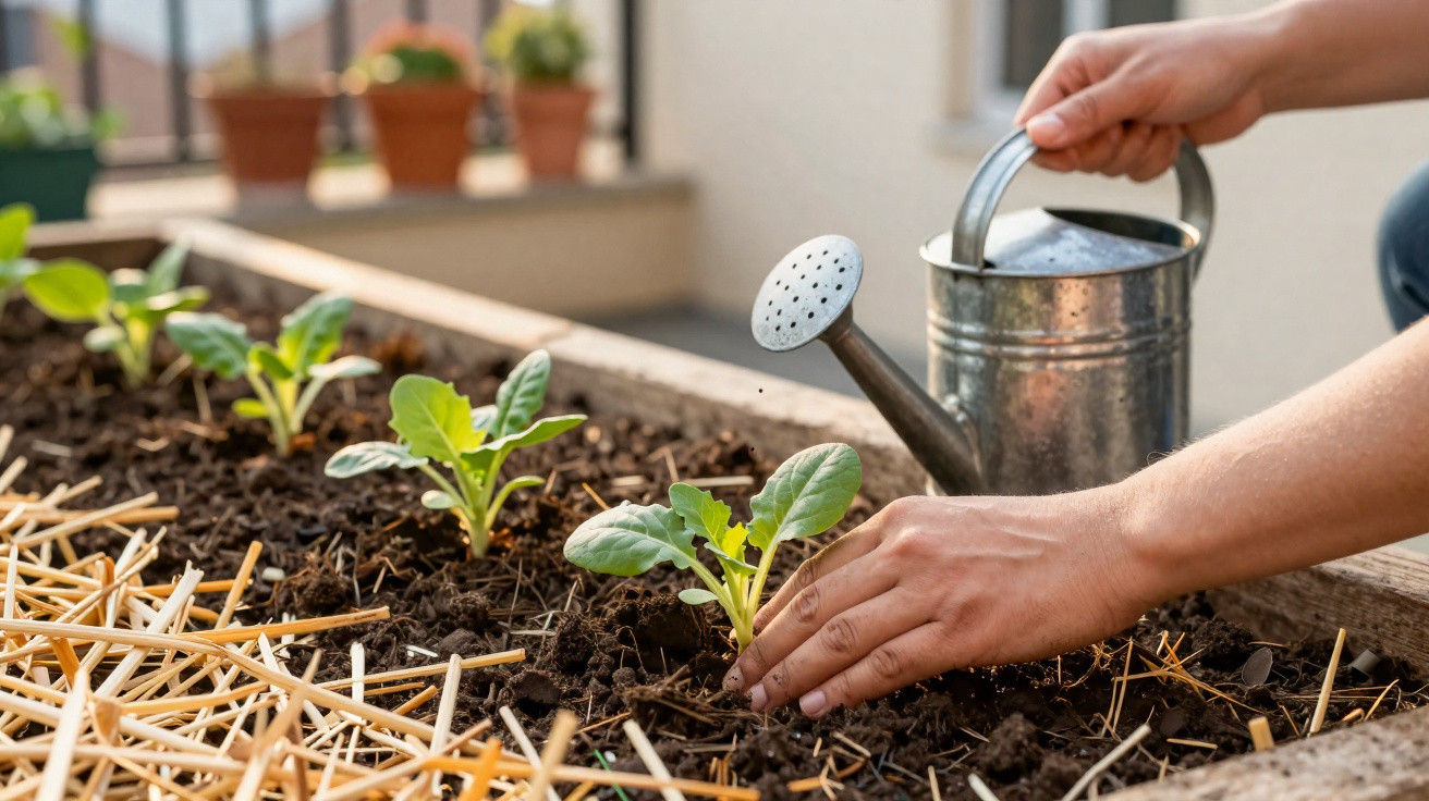 Pessoa a cuidar de plantas jovens numa horta urbana, usando regador para molhar o solo.