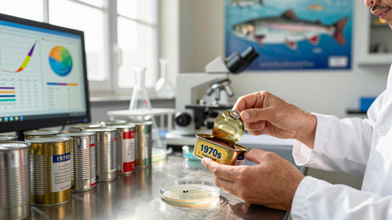 Pessoa em laboratório a abrir lata rotulada como "1970s" com lupa, ao lado de amostras e computador com gráficos.