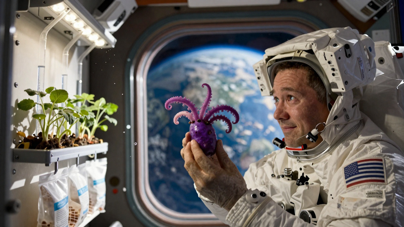 Astronauta na Estação Espacial segura planta roxa em forma de polvo, com Terra visível pela janela.