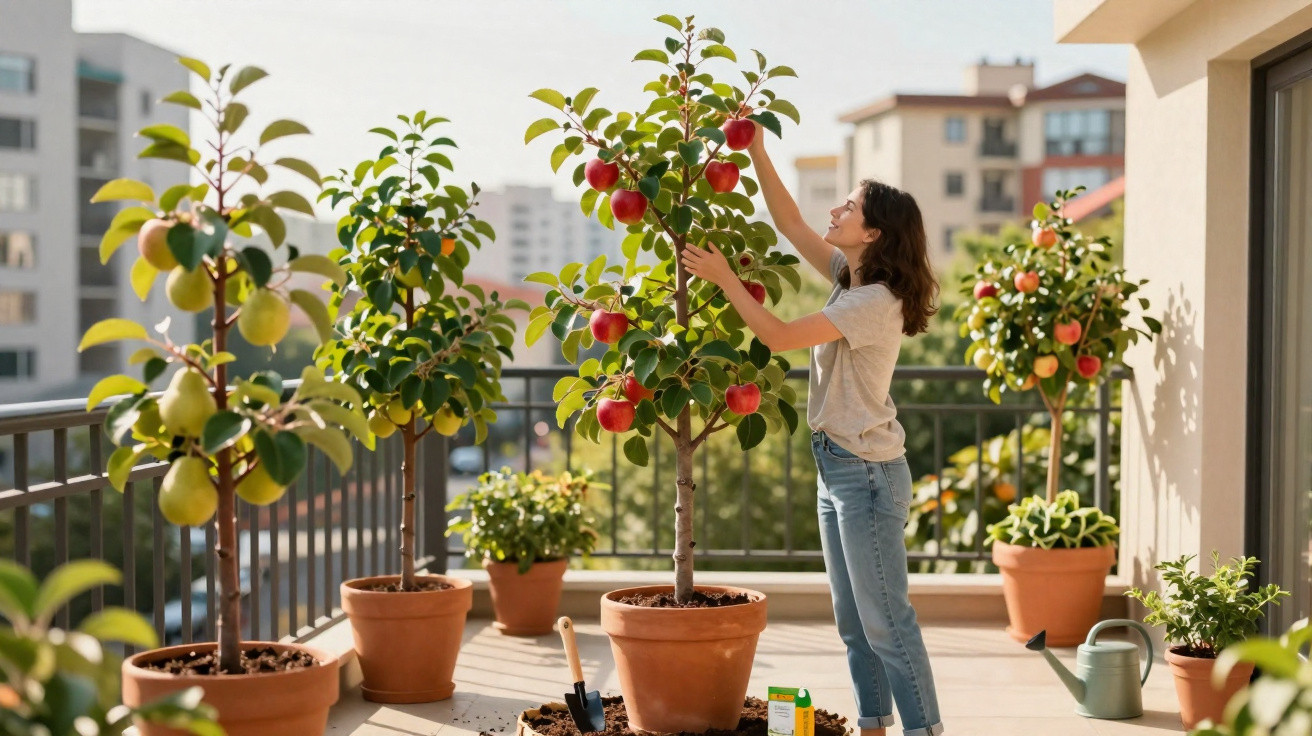 Mulher colhe maçãs de árvores frutíferas em vasos num terraço urbano com prédios ao fundo.