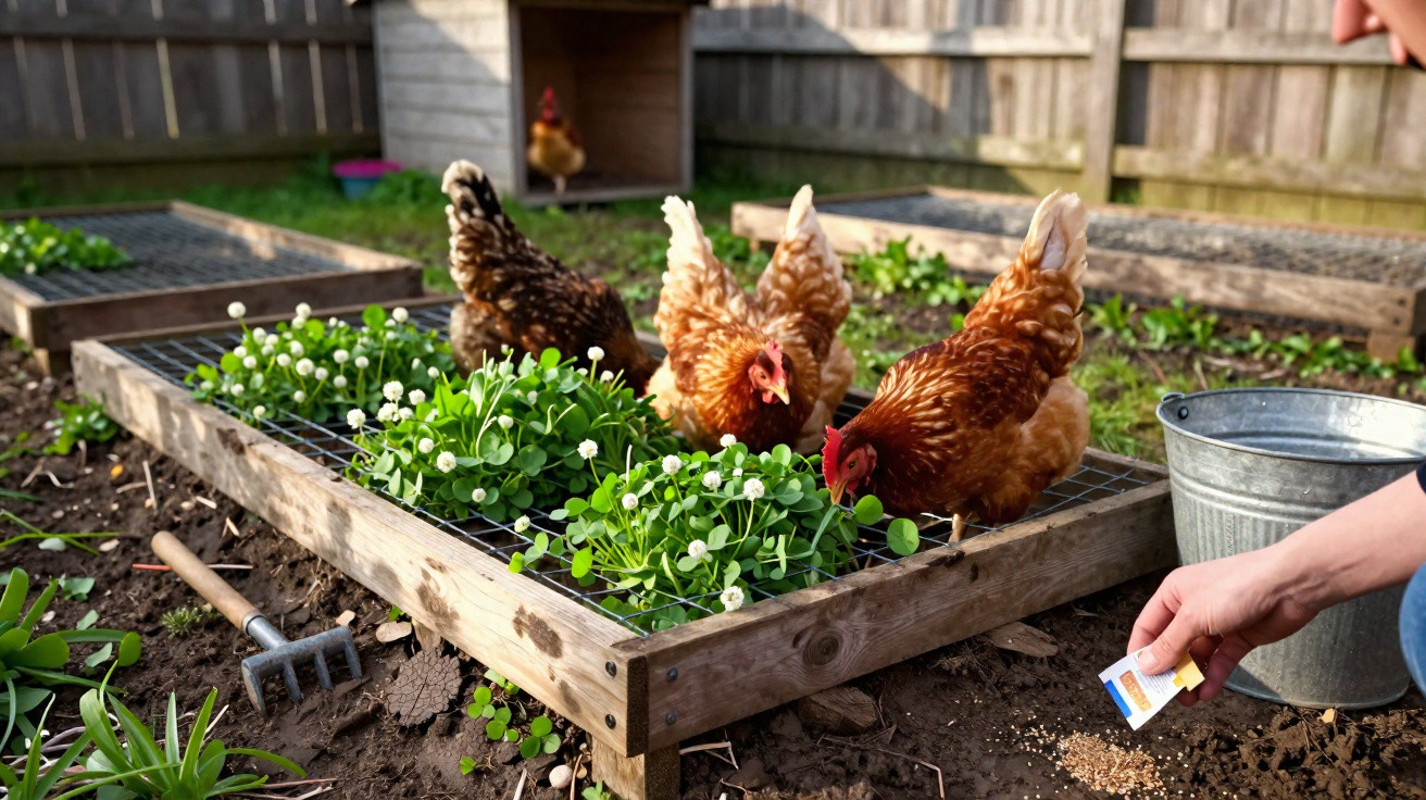 Galinhas a ciscar em canteiros elevados num jardim com pessoa a alimentar aves à mão.