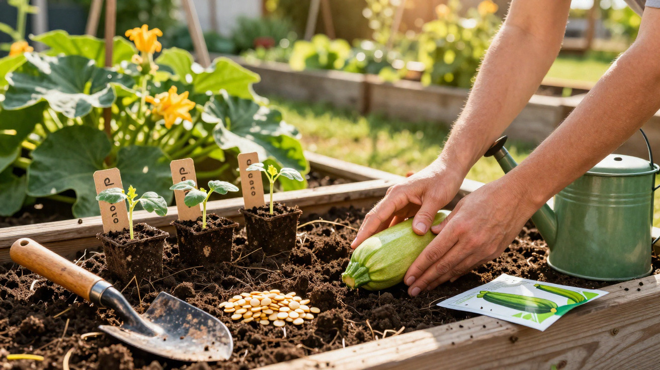 Mãos a plantar uma curgete numa horta com sementeiras, sementes e ferramentas de jardinagem à volta.