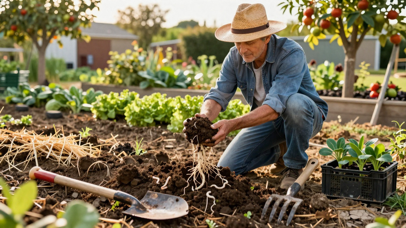 Homem com chapéu trabalha a terra num jardim, rodeado de plantas e ferramentas de jardinagem.