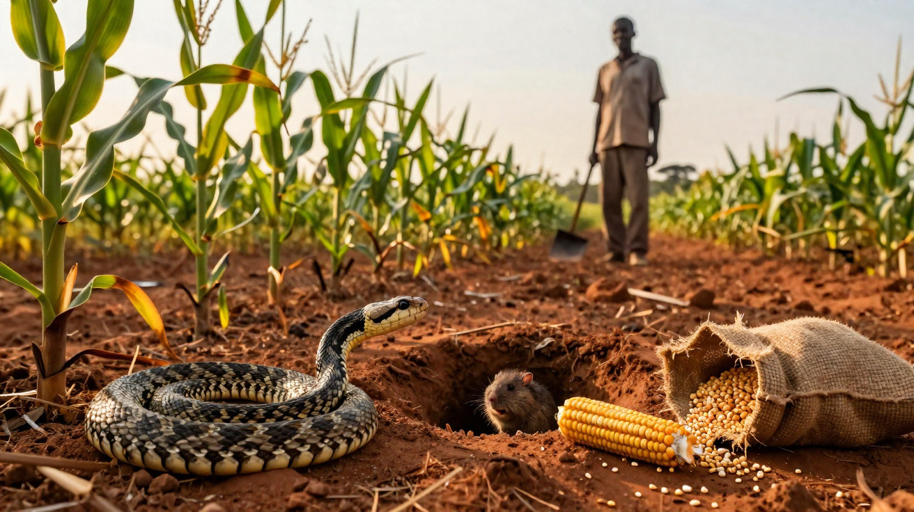 Cobra enrolada perto de toca com rato, milho espalhado e agricultor ao fundo numa plantação de milho.