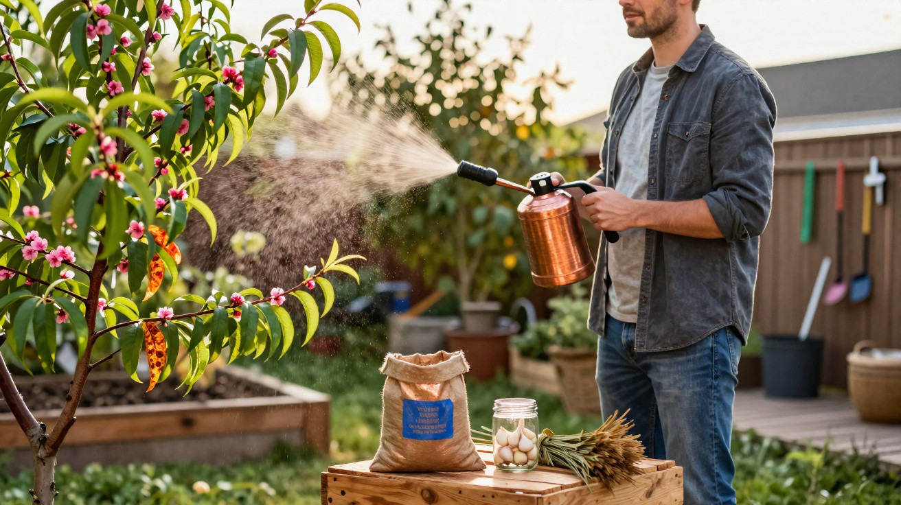 Homem a pulverizar uma árvore com rega fina num jardim com flores e plantas ao fundo.