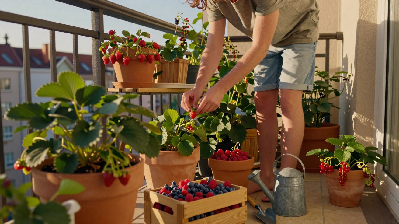 Pessoa a colher morangos num pequeno jardim de frutos vermelhos num terraço urbano.