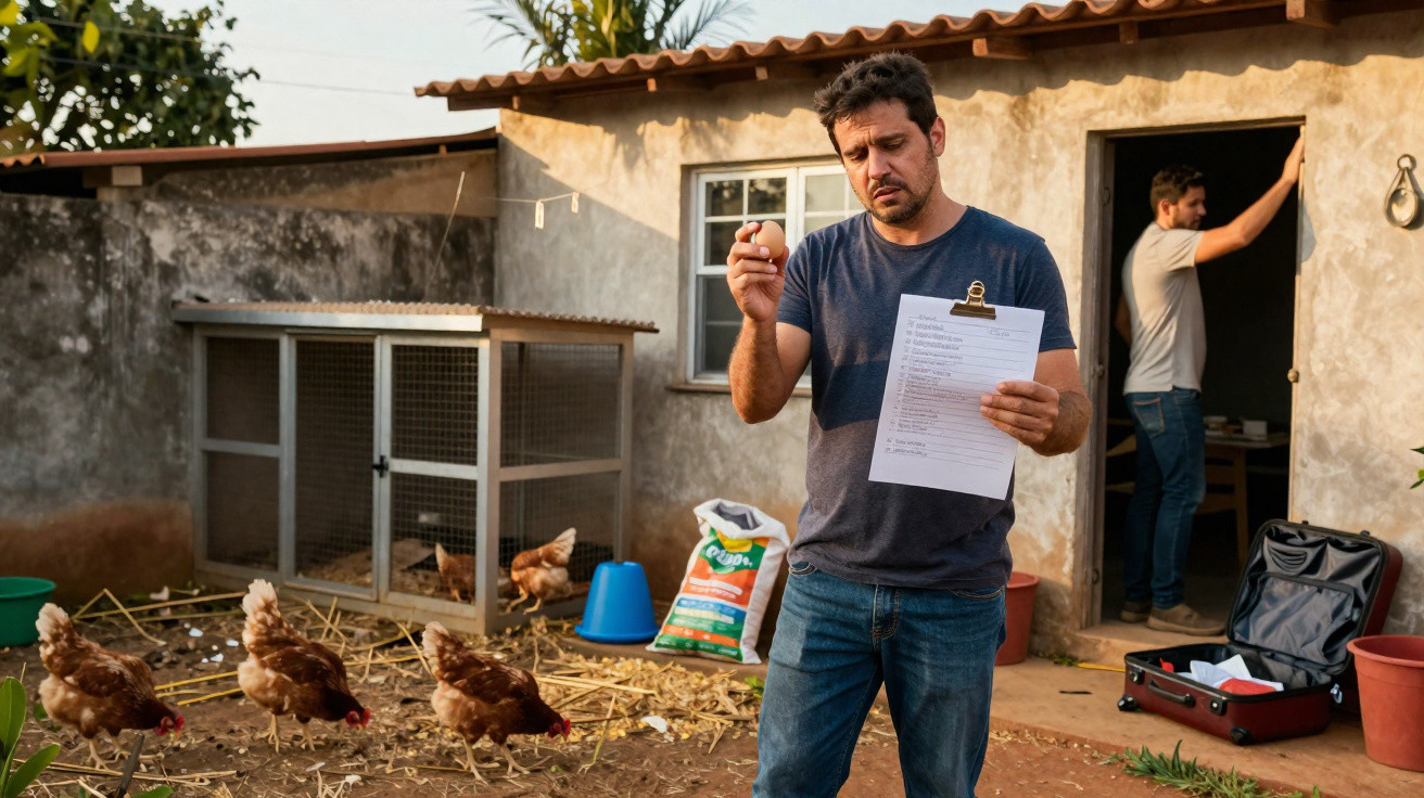 Homem a segurar um ovo e uma lista perante galinhas num quintal com galinheiro e outra pessoa na porta.