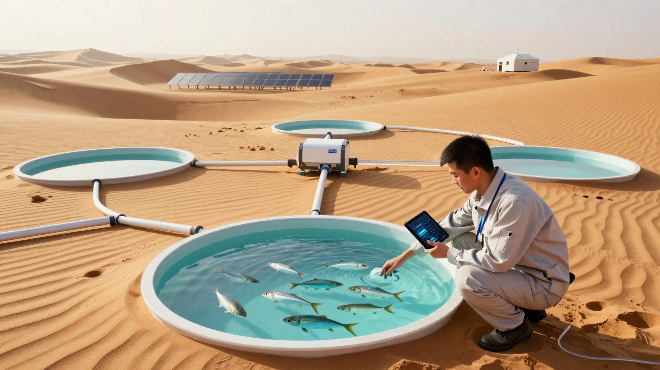 Homem monitora tanques circulares com peixes num deserto com painéis solares ao fundo.