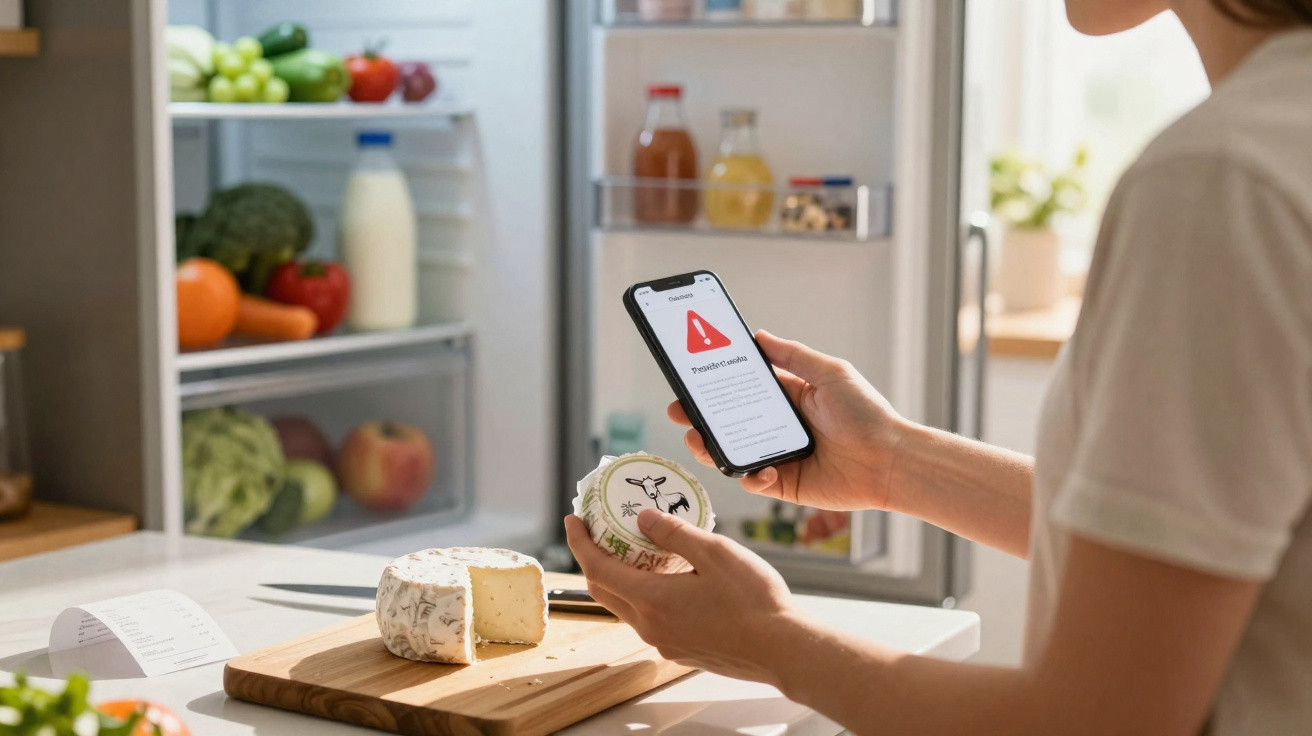 Pessoa a verificar alerta de segurança alimentar no telemóvel enquanto segura queijo na cozinha com frigorífico aberto ao fun