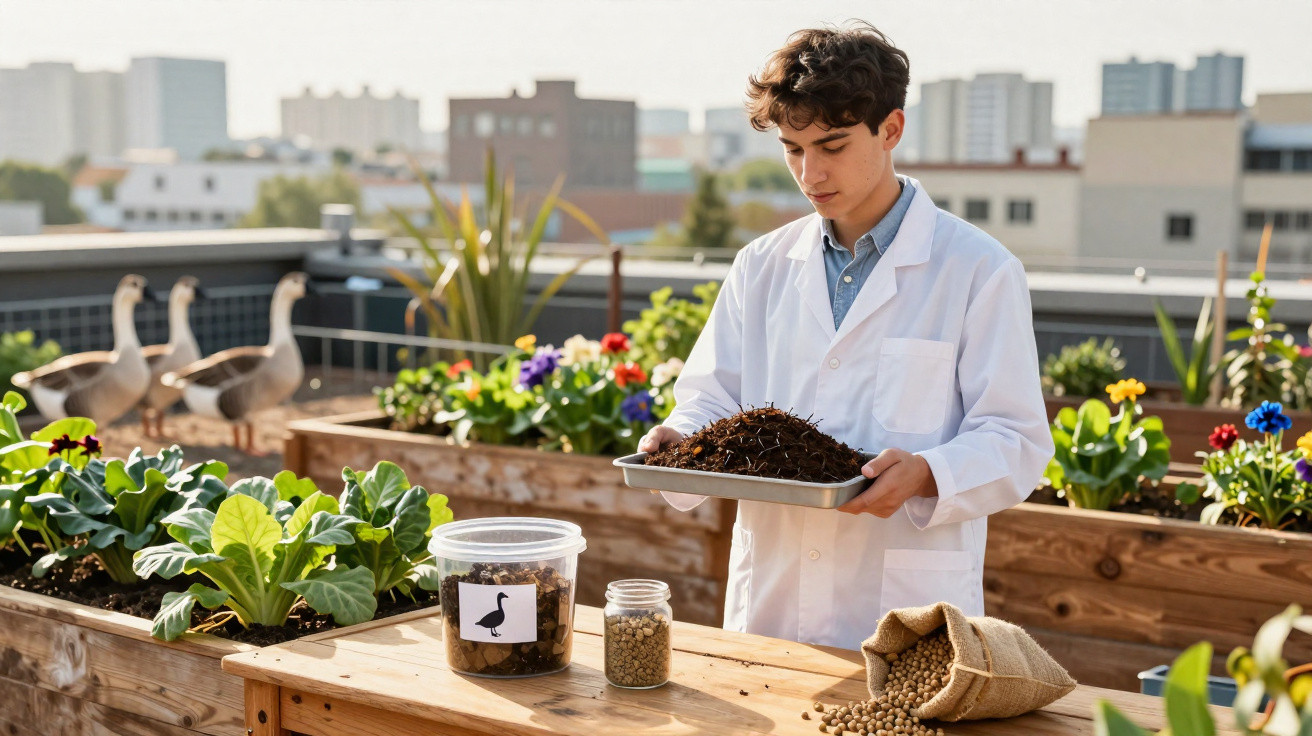 Jovem cientista com bata branca segura terra num jardim urbano com plantas e frascos numa mesa de madeira.