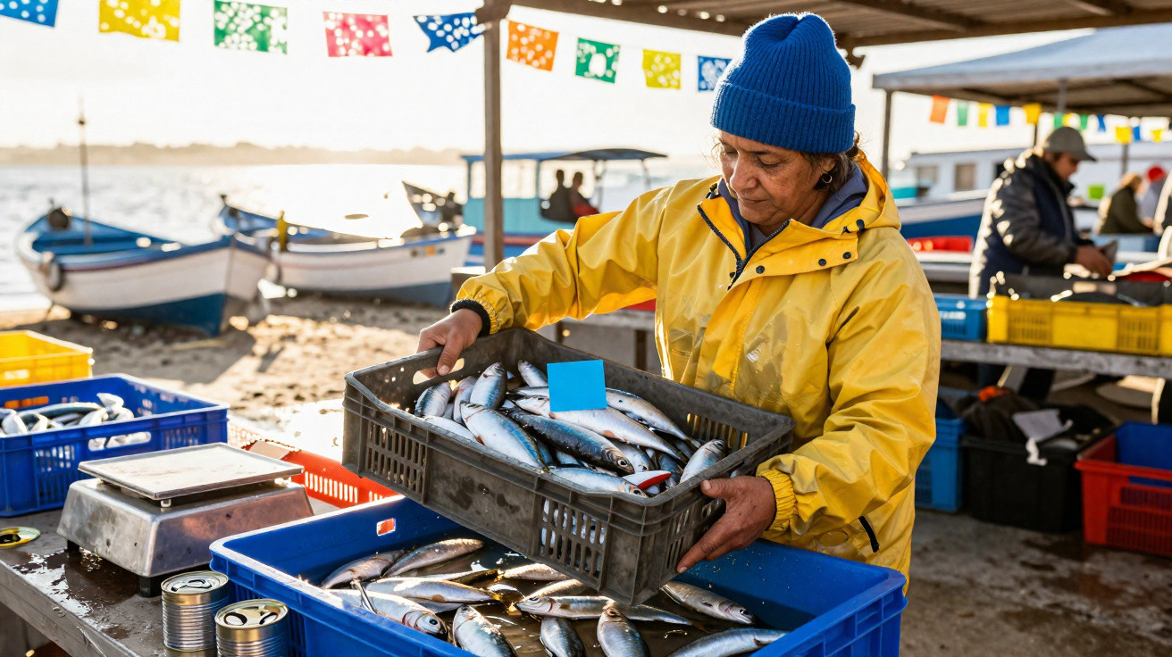 Mulher com impermeável amarelo e gorro azul a vender peixe fresco numa banca junto ao mar.