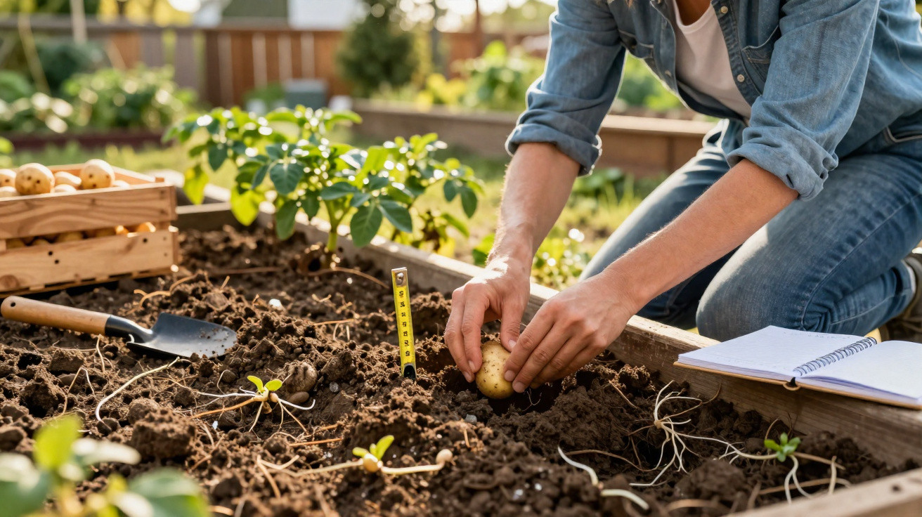 Pessoa a plantar batatas num canteiro de terra, com ferramenta de jardinagem e caderno ao lado.